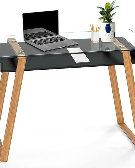 bonVIVO Massimo Small Desk - 43 Inch, Modern Computer Desk for Small Spaces, Living Room, Office and Bedroom - Study Table w/Glass Top and Shelf Space - Black - LeafyLoom
