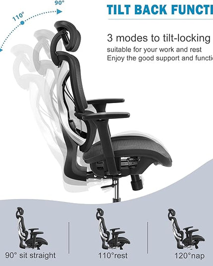 GABRYLLY Ergonomic Office Chair, Mesh Desk Chair with Lumbar Support, Adjustable 3D Arms, Reclining, Headrest & Large Seat - Big and Tall Ergonomic Chair for Home Office Work(Grey) - LeafyLoom