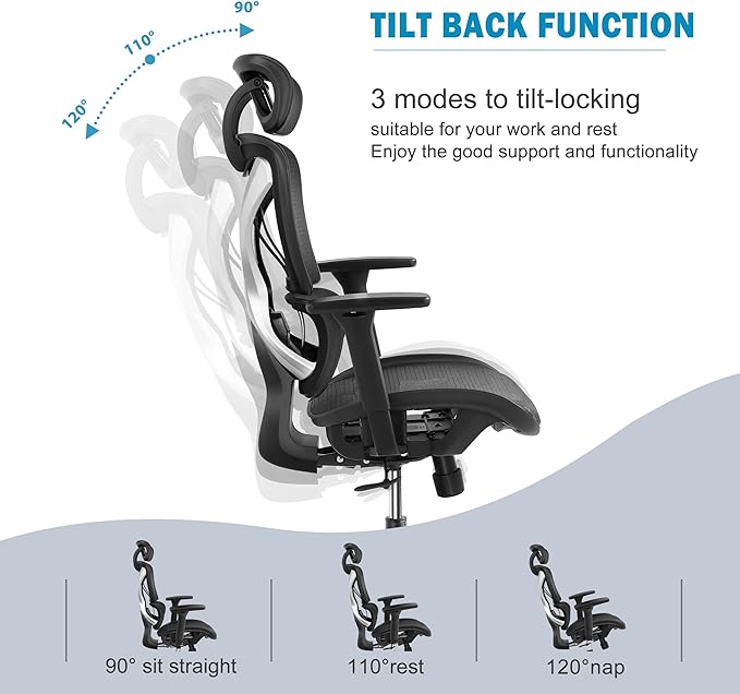 GABRYLLY Ergonomic Office Chair, Mesh Desk Chair with Lumbar Support, Adjustable 3D Arms, Reclining, Headrest & Large Seat - Big and Tall Ergonomic Chair for Home Office Work(Grey) - LeafyLoom