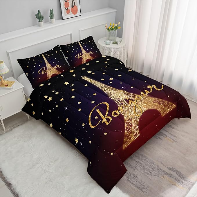 Datura home Kids Comforter Set Eiffel Tower Printed Pattern Bedding Set with 1 Comforter and 2 Pillowcases for Girls Boys Bedroom All Season(Tower Twin) - LeafyLoom