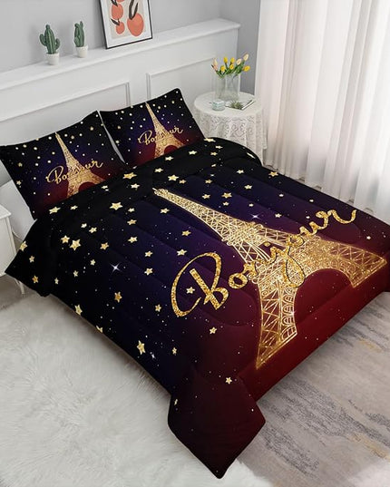 Datura home Kids Comforter Set Eiffel Tower Printed Pattern Bedding Set with 1 Comforter and 2 Pillowcases for Girls Boys Bedroom All Season(Tower Queen) - LeafyLoom