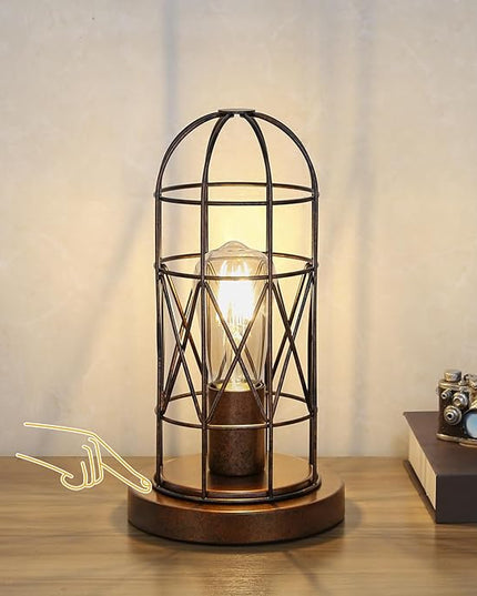 Small Touch Lamp, Industiral Table Lamp with Antique Bronze Cage, 3 Way Dimmable Bedside Lamp Vintage Nightstand Lamp Steampunk Edison Lamp for Bedroom Living Room Kitchen, LED Bulb Included - LeafyLoom