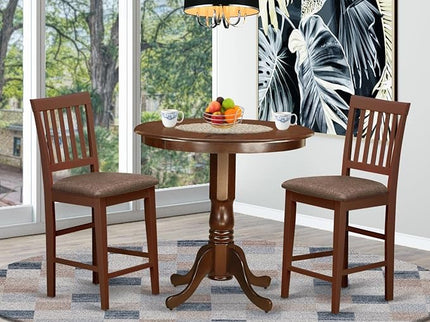 East West Furniture JAVN3-MAH-C 3 Piece Kitchen Counter Set for Small Spaces Contains a Round Dining Table with Pedestal and 2 Linen Fabric Dining Room Chairs, 36x36 Inch, Mahogany - LeafyLoom