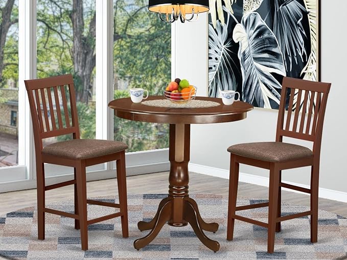 East West Furniture JAVN3-MAH-C 3 Piece Kitchen Counter Set for Small Spaces Contains a Round Dining Table with Pedestal and 2 Linen Fabric Dining Room Chairs, 36x36 Inch, Mahogany - LeafyLoom