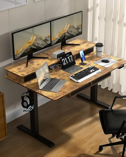 55 * 30 Inches Electric Standing Widened Desk Adjustable Height with 4 Drawers, Double Storage Shelves Stand Up Desk, Home Office Workstation Sit Stand up Desk (Rustic Brown) - LeafyLoom