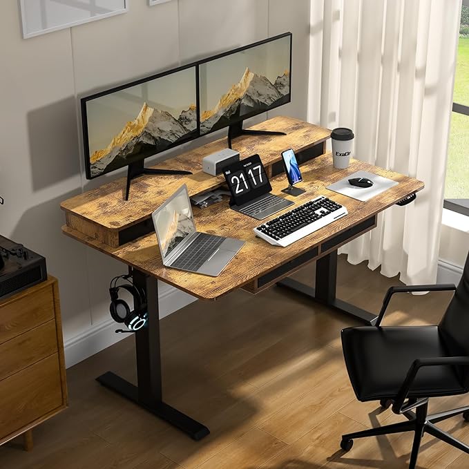 55 * 30 Inches Electric Standing Widened Desk Adjustable Height with 4 Drawers, Double Storage Shelves Stand Up Desk, Home Office Workstation Sit Stand up Desk (Rustic Brown) - LeafyLoom