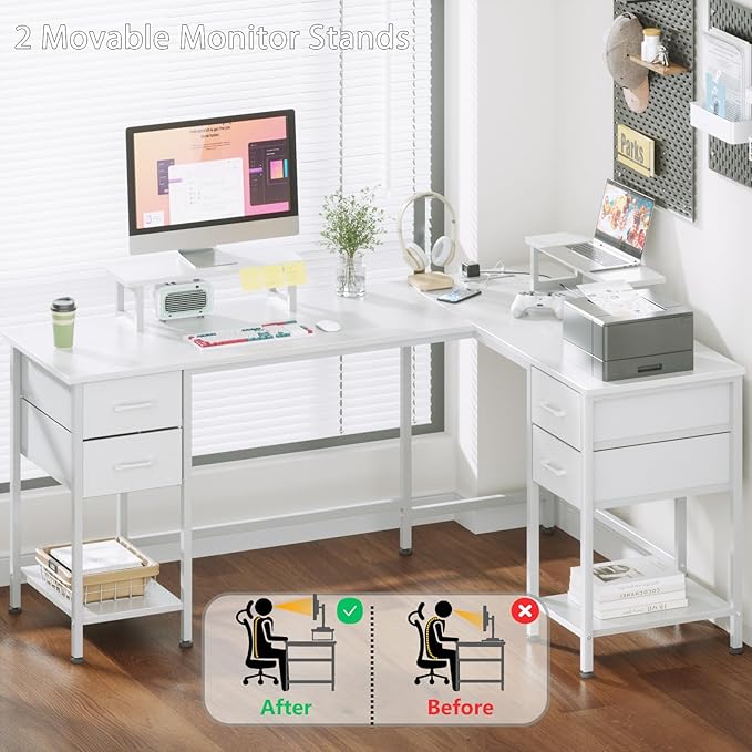 L Shaped Computer Desk with Power Outlets, 59 inch Reversible Home Office Desk with Storage Shelves & 2 Monitor Stands, Gaming Desk with 4 Fabric Drawers for Bedroom, White - LeafyLoom