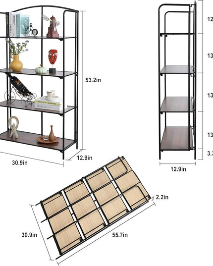 No Assembly Folding Bookshelf, 4 Tier Black Bookshelf, Metal Book Shelf for Storage, Folding Bookcase for Office Organization and Storage, 12.87" D x 30.9" W x 55.71" H - LeafyLoom