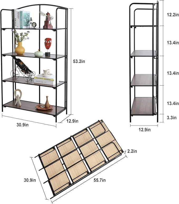 No Assembly Folding Bookshelf, 4 Tier Black Bookshelf, Metal Book Shelf for Storage, Folding Bookcase for Office Organization and Storage, 12.87" D x 30.9" W x 55.71" H - LeafyLoom