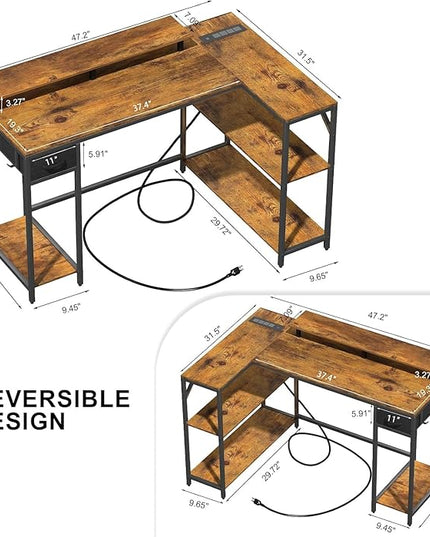 L Shaped Computer Desk with LED Light and Power Outlet, 47" Reversible L Shaped Desk with Monitor Stands and Drawers, Gaming Desk with Shelves and 2 Hooks for Home Office Bedroom - LeafyLoom