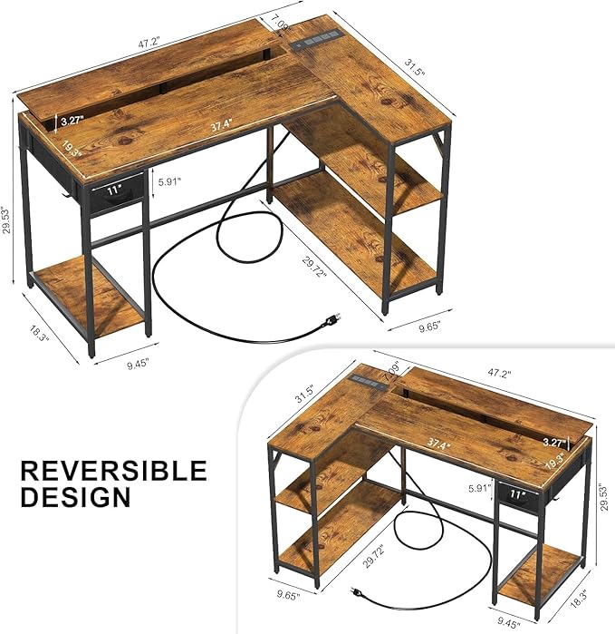 L Shaped Computer Desk with LED Light and Power Outlet, 47" Reversible L Shaped Desk with Monitor Stands and Drawers, Gaming Desk with Shelves and 2 Hooks for Home Office Bedroom - LeafyLoom