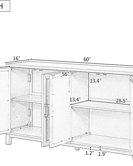 60" Retro Mirrored Buffet Sideboard with Metal Pulls,Accent Farmhouse-Style Wooden Storage Cabinet,W/ 4-Door,for Hallway,Entryway,Bedroom and Living Room,Navy - LeafyLoom