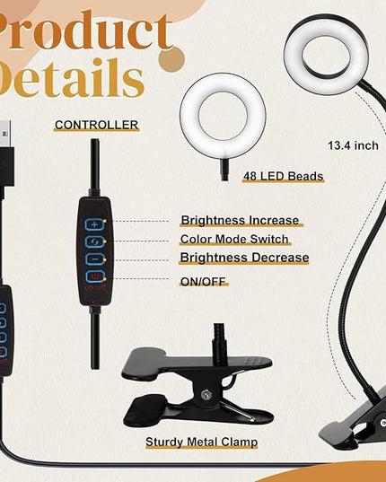 4 Pcs Desk Lamp Clip on Light 48 LEDs USB Clip Ring Light with 3 Color Modes and 10 Brightness Dimmable, Eye Protection Desk Light, 360° Flexible Gooseneck for Desk Headboard Reading - LeafyLoom