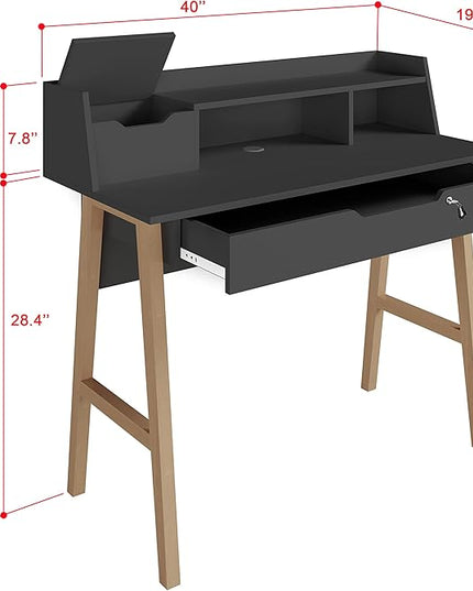 Roma Writing Desk - Elegant Wood Study Desk With Storage, Cable Holes & Drawers - Work Table for Home, Office, Dorm, Small Spaces - Compact Black Desk, 40x19x36.9” (black) - LeafyLoom