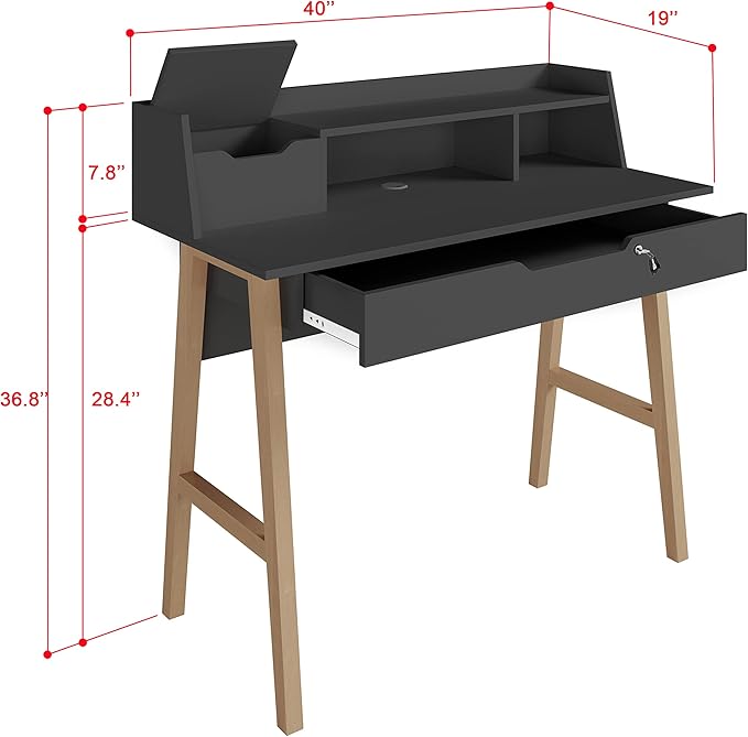 Roma Writing Desk - Elegant Wood Study Desk With Storage, Cable Holes & Drawers - Work Table for Home, Office, Dorm, Small Spaces - Compact Black Desk, 40x19x36.9” (black) - LeafyLoom
