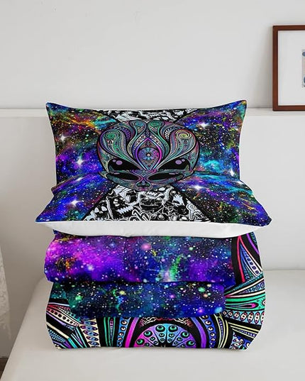 Feelyou Alien Printed Comforter Kids Galaxy Outer Space Themed Bedding Set Boys Girls Trippy Alien Hippie Skull Decor Comforter Set Colorful Tie Dye Quilted Duvet Bedroom Bed Set Full Size… - LeafyLoom