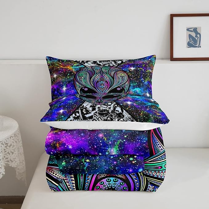Feelyou Alien Printed Comforter Kids Galaxy Outer Space Themed Bedding Set Boys Girls Trippy Alien Hippie Skull Decor Comforter Set Colorful Tie Dye Quilted Duvet Bedroom Bed Set Full Size… - LeafyLoom