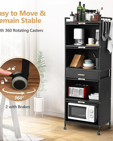 Kitchen Pantry Cabinet, 5 Tiers Freestanding Buffet Cupboards Sideboard with Brakeable Casters, Kitchen Pantry Storage Cabinet for Kitchen, Living Room and Dinning Room - LeafyLoom