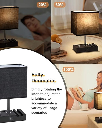 Fully Dimmable Bedside Lamps for Bedroom with USB C Ports, Kakanuo Black USB Table Lamp Set of 2, Wooden Desk Lamp with 2 Charging Outlets and Phone Stand for Nightstand and Living Room, Bulb Included - LeafyLoom