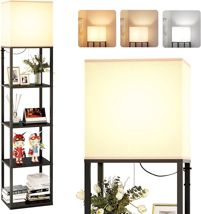 addlon Floor lamp with Shelves Large Size (12''W), 5-Tier Modern Floor lamp with 3 Color Temperatures LED Bulb, Display Shelf lamp for Living Room, Bedroom and Office - Black - LeafyLoom
