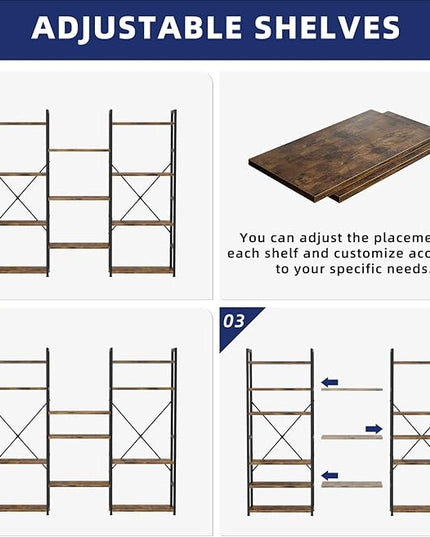 NUMENN Triple Wide 4 Tier Bookshelf, Adjustable Rustic Industrial Style Bookcases with 11 Open Display Shelves, Modern Tall Bookcase Furniture for Bedroom, Living Room and Home Office, Vintage - LeafyLoom