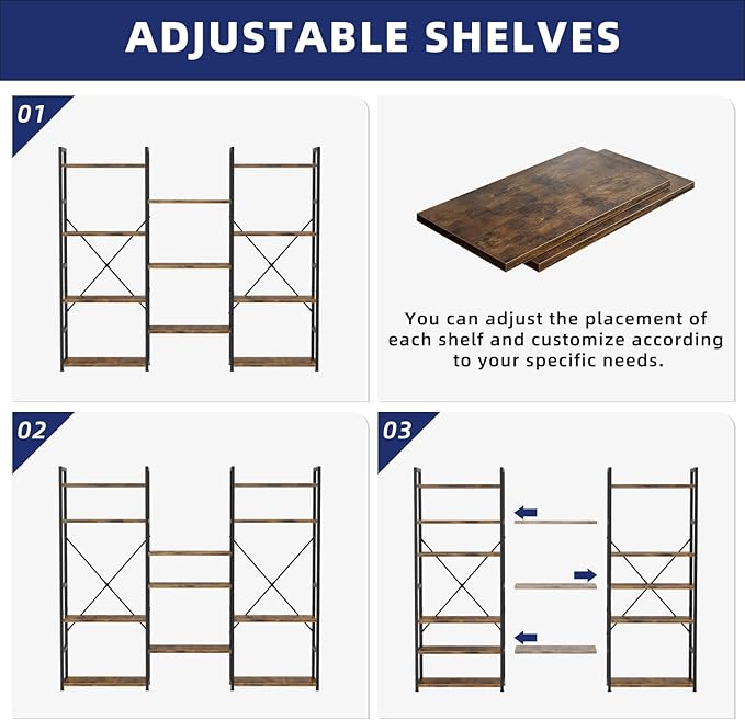 NUMENN Triple Wide 4 Tier Bookshelf, Adjustable Rustic Industrial Style Bookcases with 11 Open Display Shelves, Modern Tall Bookcase Furniture for Bedroom, Living Room and Home Office, Vintage - LeafyLoom