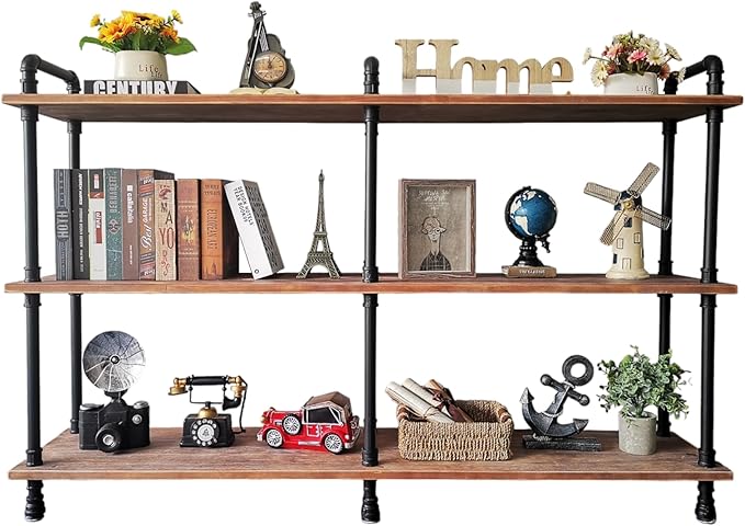 3 Tier Industrial Long Bookshelf, Entryway Industrial Metal Bookcase (Weathered Brown, 60" L x 11.8" W x 39" H) - LeafyLoom