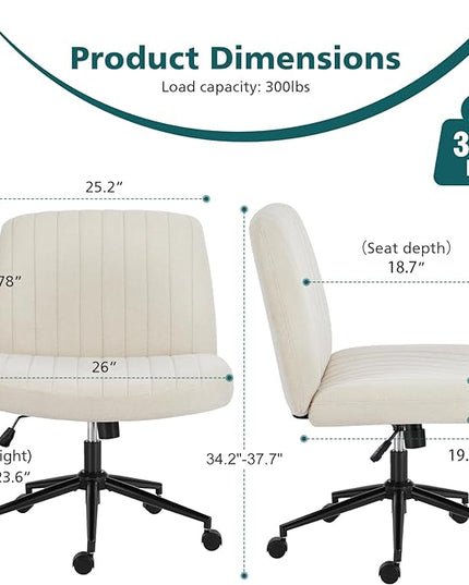 OLIXIS Cross Legged Armless Wide Adjustable Swivel Padded Home Office Desk Chair, Beige with Wheels - LeafyLoom