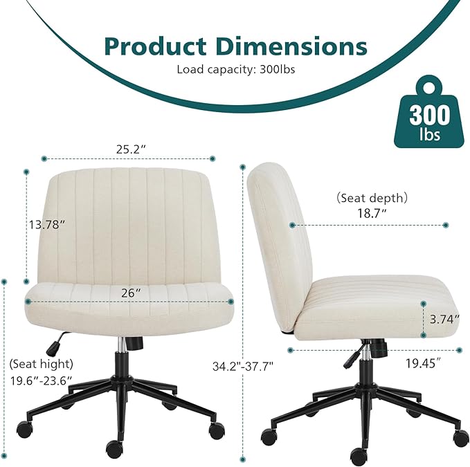 OLIXIS Cross Legged Armless Wide Adjustable Swivel Padded Home Office Desk Chair, Beige with Wheels - LeafyLoom