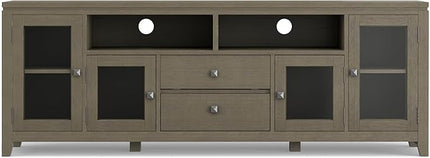 SIMPLIHOME Cosmopolitan SOLID WOOD Universal TV Media Stand, 72 inch Wide, Contemporary, Living Room Entertainment Center with Storage, for Flat Screen TVs up to 80 inches in Farmhouse Grey - LeafyLoom