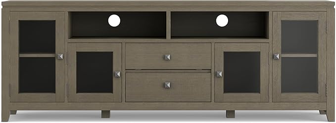 SIMPLIHOME Cosmopolitan SOLID WOOD Universal TV Media Stand, 72 inch Wide, Contemporary, Living Room Entertainment Center with Storage, for Flat Screen TVs up to 80 inches in Farmhouse Grey - LeafyLoom