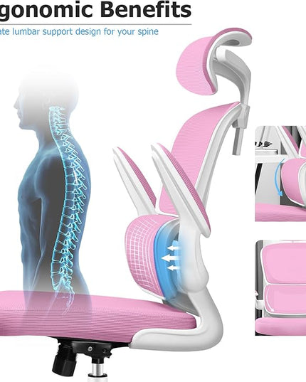 Ergonomic Office Desk Chair, High Back Mesh Chair with Lumbar Support and Adjustable Headrest, Computer Gaming Chair with Flip-up Armrests, Executive Swivel Chair for Home Office (Pink) - LeafyLoom