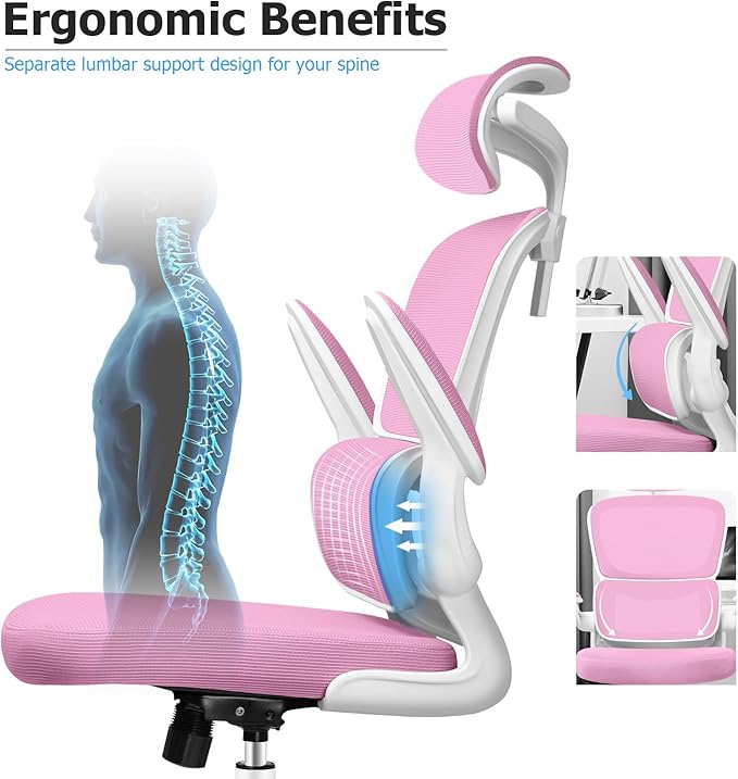 Ergonomic Office Desk Chair, High Back Mesh Chair with Lumbar Support and Adjustable Headrest, Computer Gaming Chair with Flip-up Armrests, Executive Swivel Chair for Home Office (Pink) - LeafyLoom