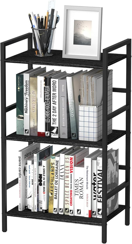 CADUKE Industrial Bookcase 3 Tier Book Shelf Organizer for Office Small Bookshelf with Storage for Bedroom Black Book Display Shelf Wood for Living Room Study Room - LeafyLoom