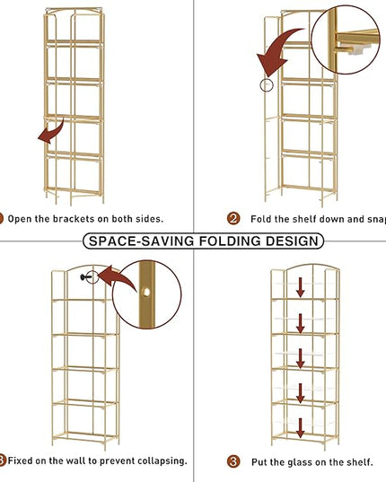 No Assembly Folding Bookshelf, 5 Tier Gold Bookshelf, Metal Book Shelf for Storage, Folding Bookcase for Office Organization and Storage, 12.87" D x 22.91" W x 68.1" H - LeafyLoom