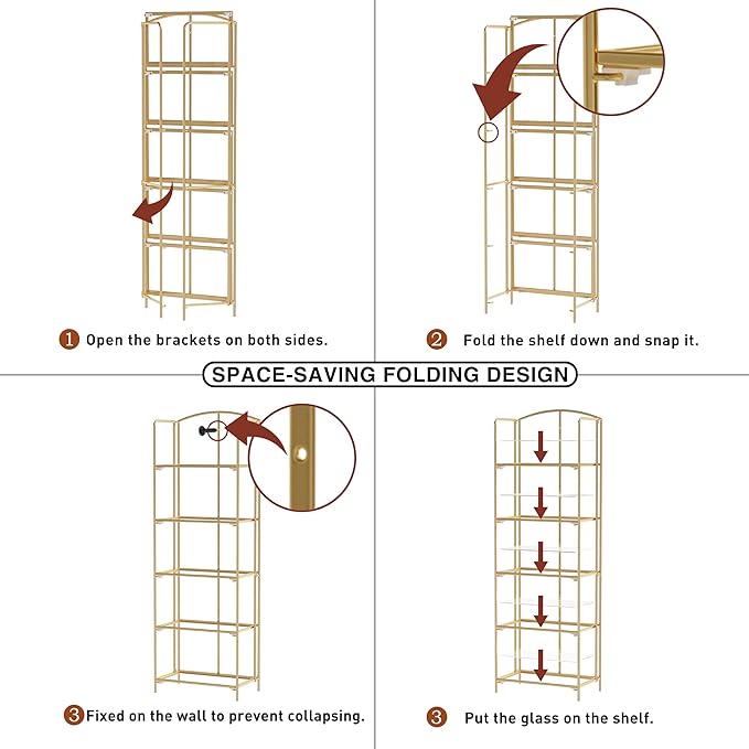 No Assembly Folding Bookshelf, 5 Tier Gold Bookshelf, Metal Book Shelf for Storage, Folding Bookcase for Office Organization and Storage, 12.87" D x 22.91" W x 68.1" H - LeafyLoom