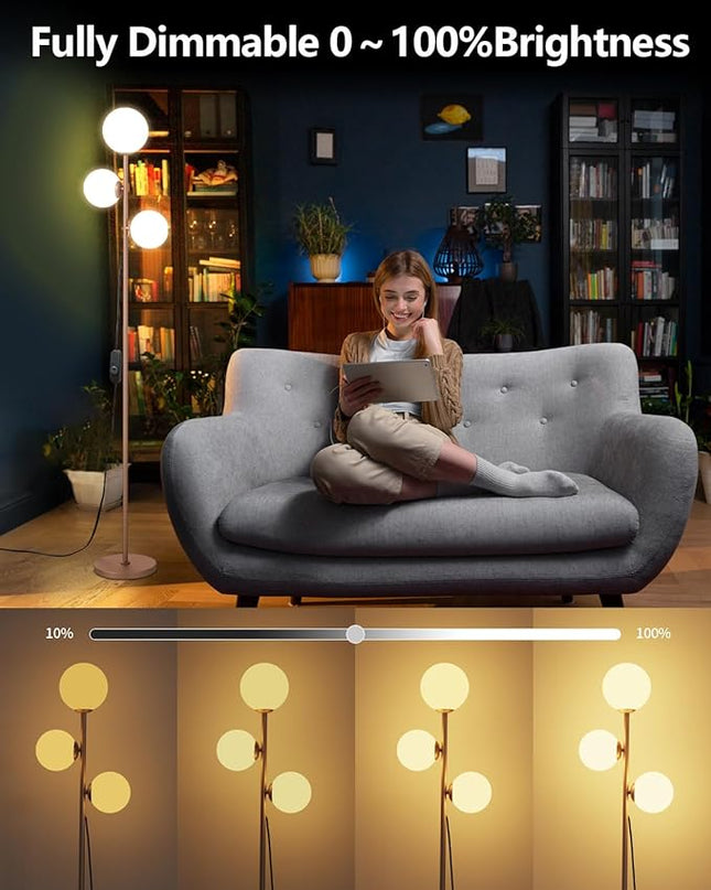 Mid Century Modern Floor Lamp for Living Room Easy to Install, 3 Globe Lights Tall Gold Floor Lamp with Glass Shades and Bulbs, Dimmable Standing Lamp Vintage Floor Lamps for Bedroom Office - LeafyLoom