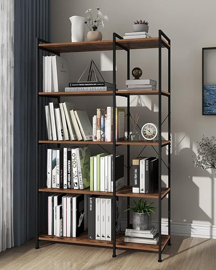 Bookshelf 5 Tier Deformable Corner Bookcase Free Standing Modern Industrial Book Storage Display Book Shelf for Bedroom Living Room Study Room Office (Brown) - LeafyLoom