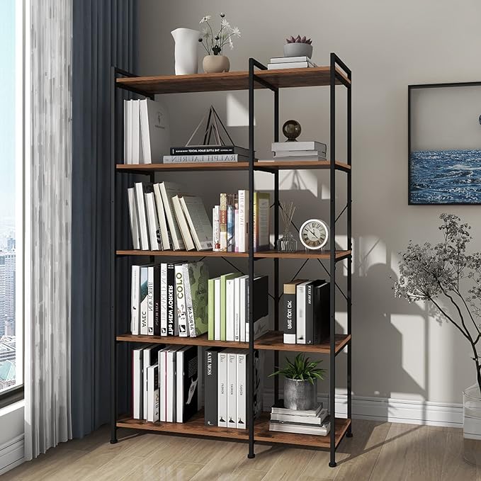 Bookshelf 5 Tier Deformable Corner Bookcase Free Standing Modern Industrial Book Storage Display Book Shelf for Bedroom Living Room Study Room Office (Brown) - LeafyLoom