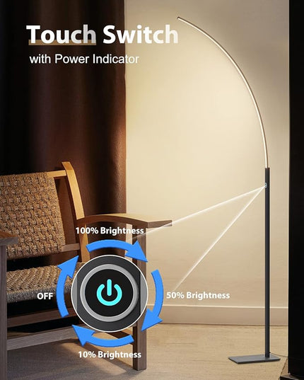 TACAHE Arc Corner Floor Lamp - 3000K Warm White & 3 Brightness Presets - Curved LED Accent Lamp with Touch Switch - 63" Modern Standing Lamp for Bedroom, Living Room - 12W - Black - LeafyLoom