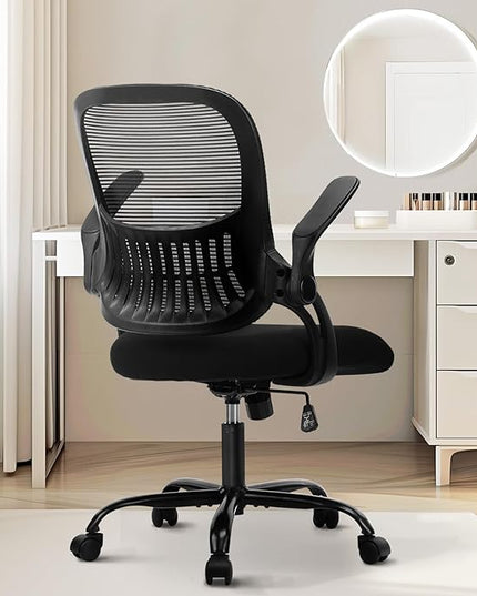 Sweetcrispy Office Computer Desk Chair, Ergonomic Mid-Back Mesh Rolling Work Swivel Task Chairs with Wheels, Comfortable Lumbar Support, Comfy Flip-up Arms for Home, Bedroom, Study, Student, Black - LeafyLoom
