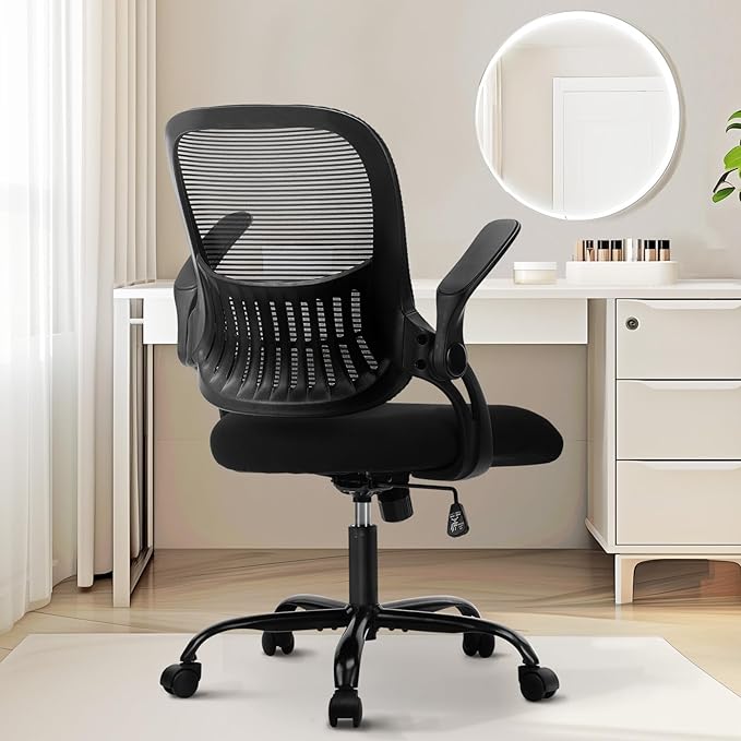 Sweetcrispy Office Computer Desk Chair, Ergonomic Mid-Back Mesh Rolling Work Swivel Task Chairs with Wheels, Comfortable Lumbar Support, Comfy Flip-up Arms for Home, Bedroom, Study, Student, Black - LeafyLoom
