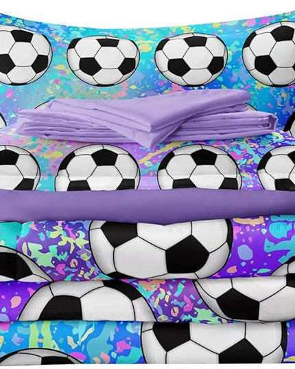 4 Piece Girls Soccer Bedding Set Twin Size Colorful Soccer Comforter Set for Teen Girls Kids Twin Bed in a Bag Set with Sheets Twin Bed Sets for Teenage - LeafyLoom