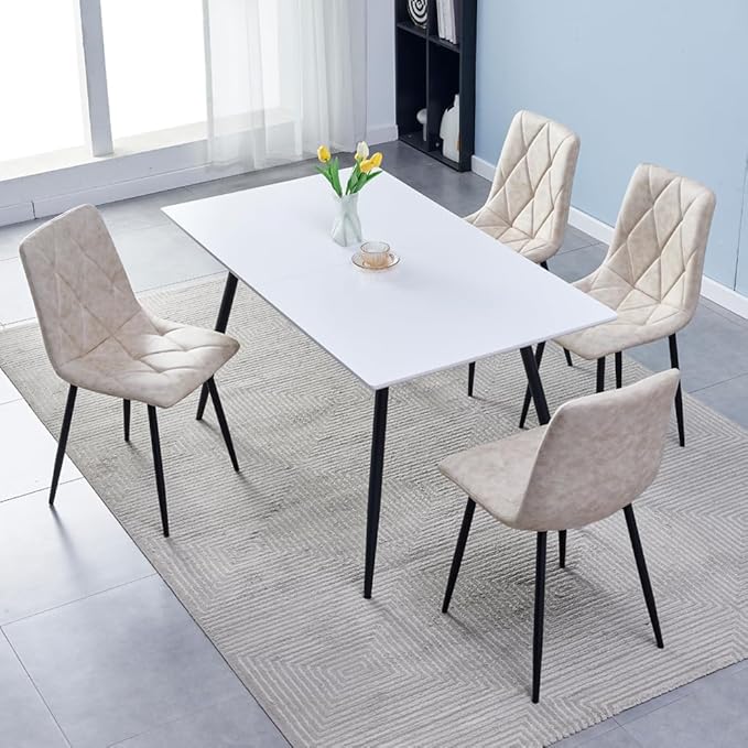 4 Set of Dining Chairs, Metal Frame Dining Chair for Kitchen Room,Technology Cloth Seat Chair for Living Room, Bedroom(Beige) - LeafyLoom
