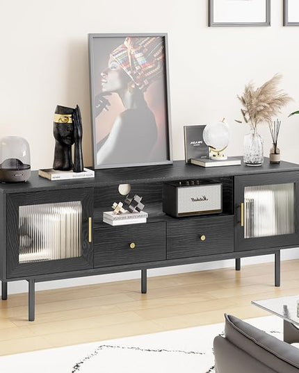 TV Stand for 65 Inch TV, Modern Entertainment Center with 2 Cabinets and 2 Drawers, Mid Century TV Stand for 55/60/65 inch TV, Media Console for Bedroom, Living Room and Office, Black - LeafyLoom