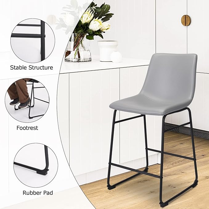 Bar Stools Set of 2, 26 Inches Bar Stool with Back, Carbon Fiber Bar Chair with Metal Legs (Light Grey) - LeafyLoom