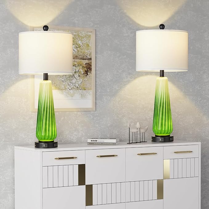 28" Green Glass Table Lamps Set of 2, Modern Table Lamps with USB A+C Ports & AC Outlet, Touch Control Bedside Nightstand Lamp with Crystal Night Light & White Fabric Shade for Bedroom(Bulbs Included) - LeafyLoom