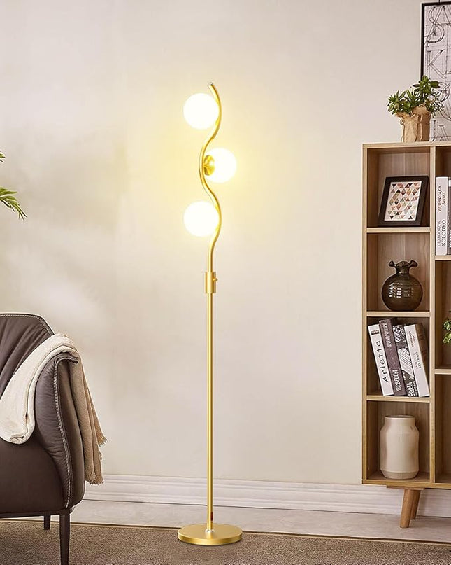 Lightdot 60IN Dimmable (Brightness Adjustable) Gold Floor Lamp, Mid Century Standing Lamps with 3 Globe Soft Warm White Eye Care 3000K Bulbs Included, Modern Tall Lamp for Bedroom Office - LeafyLoom