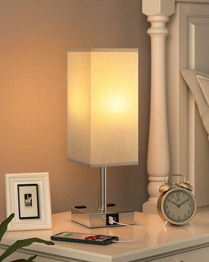 【Upgraded】Bedside Table Lamp Touch Control, with USB C+A Charging Ports & Dual AC Outlets, 3-Way Nightstand Lamp for Bedroom with LampShade Living Room Office(LED Dimmable Bulb Included) - LeafyLoom