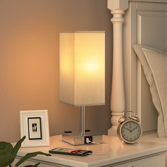 【Upgraded】Bedside Table Lamp Touch Control, with USB C+A Charging Ports & Dual AC Outlets, 3-Way Nightstand Lamp for Bedroom with LampShade Living Room Office(LED Dimmable Bulb Included) - LeafyLoom